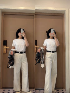White Embroidered Wide Leg Jeans Womens Loose Fit High Waist Slimming Straight Cut Trousers Autumn New Style Casual Wear