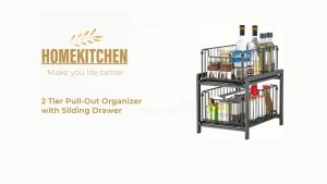 Under Sink Rack 2-Tier Kitchen Cabinet Organizer Rack with Sliding Storage Drawer Desktop Organizer for Kitchen Bathroom Office Shelf Stackable Black/ White