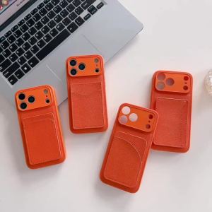 Luxury Advanced Orange Leather Insert Card Phone Case For iPhone 17 Air 16 15 14 13 12 11 X XS XR 8 Plus Pro Max Card Case Cover