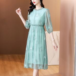 MAIMEI | Elegant Mommy Brand Summer Dress Luxury Embroidery High Waist Midi Skirt Womens Authentic Gown Ladylike Style Lantern Sleeve