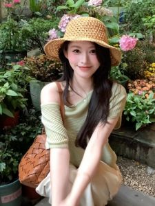 YUEZHONGWEI | Green Batwing Off-shoulder Ice Silk Knit Top