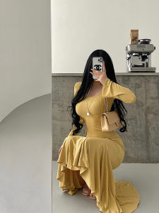 Pure Desire Style Long Midi Bodycon Dress with Bell Sleeves And Fish Tail Design for Young Bé Gáis Autumn Winter Fashion