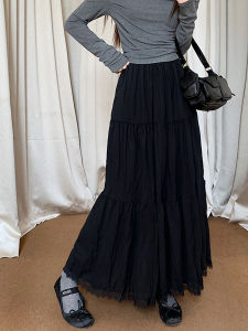 Gentle Wind Vintage Lace Trim Half Skirt Womens Loose Fit Splice Cake Skirt Long A-Line Skirt Korean Style Commute Pure Color