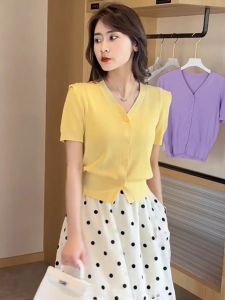 Ice Silk Knitted Short Sleeve V-Neck Top Women Summer New Style Lightweight Fashionable Commute Korean Style Slim Fit T-Shirt