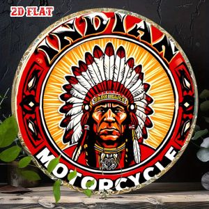 [2D Flat] One Piece of Vintage Tin Signage Showcasing a 2D Flat Design of a Local American Chief Motorcycle Emblem