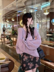 Idle Style Temperament: Long Sleeve Knitting Sweater & Rose Print Denim Skirt