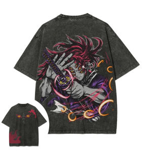 Bandai | Demon Slayer Mens and Womens Washed T-Shirt Kokushibo Summer and Spring Anime Tee Retro Distressed Harajuku Short Sleeve