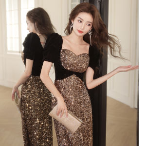Elegant Fish Tail Evening Gown Womens Host Dress Luxury High Quality Long Sleeve Korean Style Wedding Party Celebration Dress