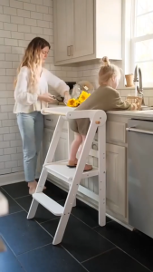 SG Fast Delivery BabToddler Learning Tower Foldable 3 Levels Height Adjustable Wooden Children Fall-resistant Ladder