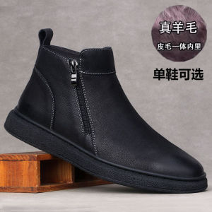 Warm Wool Cotton Shoes Short Boots Real Leather British Style Zipper Soft Bottom Casual Winter Fleece Mid-Calf Martin Boots Black