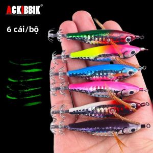 Bộ Mồi Câu Mực Phát Sáng Ackibbik 6 Chiếc Mồi Câu Ngang Phát Sáng Trong Nước Mặn Với Mồi Tôm Biển Kèm Móc Câu Câu Đêm