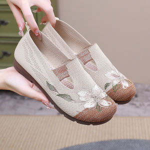 Ladies summer 2025 breathable soft sole anti-slip mom shoes leisure mesh flat embroidered shoes