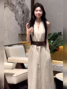 DANTING | Simplicity Elegant V-Neck Belted White Halter Dress
