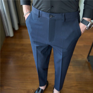 Business Casual Slim Fit Mens Pants Deep Blue Drapey Formal Workwear British Style Office Nine-Piece Trousers Polyester Blend