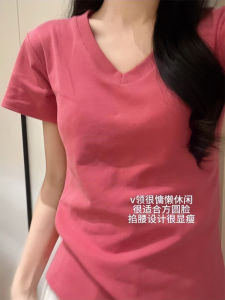 Rose Pink V-neck Short-Sleeved T-shirt for Women Summer Niche Design Silm Slim Looking Cotton Blouse Elegant Tops