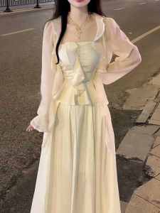 Summer Princess Style off-Shoulder Tube Top Tops Half-Length Dress Sun Protection Cardigan Three-Piece Set Elegant Pure Desire Slimming Suit