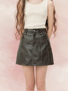 High Waist A-Line Mini Skirt Womens New Style Vintage Faded Leather Skirt Takeanap Nap Time Short Pleated Skirts