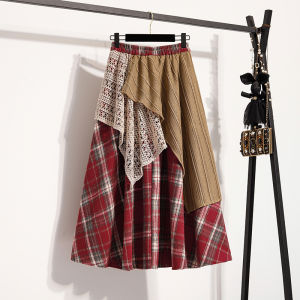 SHIMANQING | Ethnic Style Tweed Plaid A-Line High Waist Slimming Skirt