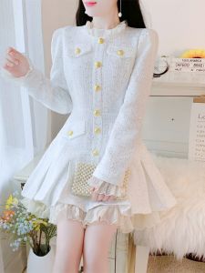 Elegant Lady กระโปรงจีบ Ruffles กึ่งคอสูงกลางเอวซิปชุดสําหรับฤดูใบไม้ร่วงและฤดูหนาวสีขาว