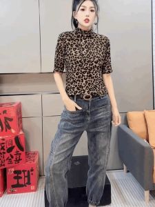 French Style Half High Collar Leopard Print Short Sleeve Base Shirt Women Slim Fit Inner Wear T-Shirt Fashionable Elastic Top