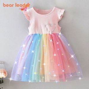 Bear Leader | Bear Leader Flying Sleeve Girls Colorful Dress Summer Kids Rainbow Mesh Party Dresses Children Clothing Vestidos Outfits