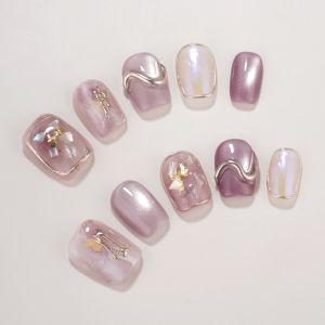 LANTINGFANG | Cream Puff Handmade Nude Cat Eye Short Wearable Nails