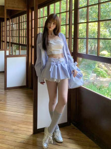 Salt Series Sweet Spicy Pure Desire Set Womens Summer High-End Casual Striped Shirt A-Line Pleated Mini Skirt Two-Piece Set