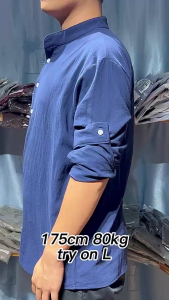 🇸🇬 <LazFashion> Mens Casual Loose Cotton Linen Long Sleeve Solid Color Shirt Half Button Stand Collar Plus Size Polo Shirt