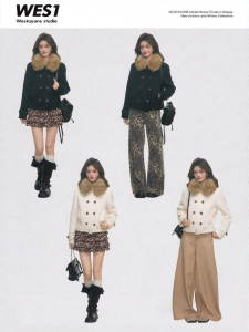WESTAYONE | Faux Fur Collar Short Tweed Coat Leopard Flared Pants