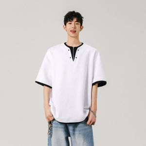 OUMULONG | Henley Collar Design Short Sleeve T-Shirt Patchwork Feel Clean Fit Half Sleeves