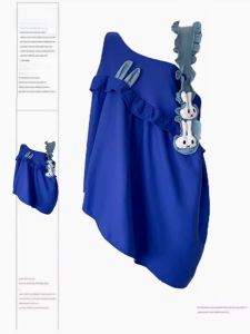 ชุดเดรสแขนกุดลายการ์ตูนน่ารักสีฟ้าคลีนสำหรับผู้หญิงในฤดูร้อน ดีไซน์เอวสูง กระโปรงทรงเอ คอวี แขนกุด ความยาวปานกลาง