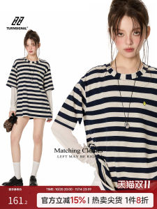 Áo Thun Nữ Tay Dài Dáng Rộng Cổ Tròn Sọc TurnSignal Mùa Xuân Thu 2025 Phong Cách Mới Thường Ngày Không Tay Áo Dài Tay