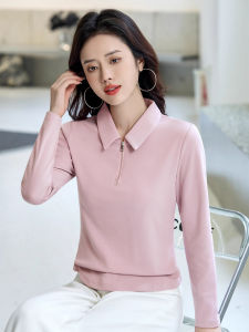 Slim Fit Long Sleeve Polo Neck T-Shirt Womens Base Shirt Spring Autumn New Style Pure Color Simple Style Cotton Casual Top