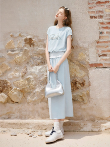 XIANGYING | Blue Casual Two-Piece Dress Fake Double Piece Short Sleeve Younger Appearance Outfit