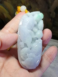 Gegegems Collection premium Type A Jadeite light green light lavender Ruyi & two Goldfish handheld large pendant (with certificate)