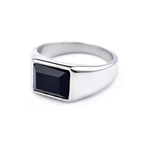 Classic Punk Geometric Black Stone Ring Stainless Steel Silver Color Square Simple Finger Rings For Men Women Fashion Jewelry