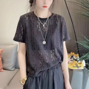 WANGGONGZHU | Round Neck Hollow Out Short Sleeve T-Shirt Women Summer Fashion Loose Slimming Versatile Top Korean Style Casual Wear