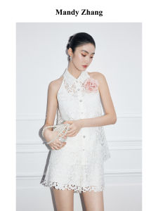 Lace Rose Embroidery Design Sense Sequined Hollow Sleeveless Tank Top Womens Summer Set