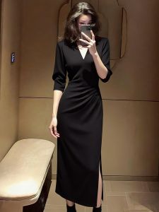 SHANGSHA | Elegant High-end Autumn Black Dress