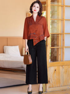 New 2025 Mom Summer Fashionable Two-Piece Set Elegant New Chinese Style Wedding Mother-In-Law Top Trendy Loose Fit Long Pants