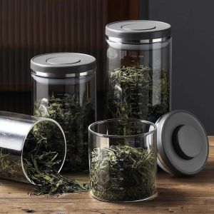 Food Grade Glass Sealed Storage Jar One Touch Press Japanese Style for Tea Coffee Beans Powder Moisture Proof Kitchen Canister