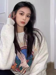 Áo Nỉ Rộng Rãi Phong Cách Mỹ Cho Nữ Mùa Xuân Thu Mỏng Nhẹ Thường Ngày Dài Tay Cổ Tròn in Họa Tiết Hoạt Hình