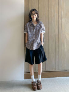 Retro American Plaid Short Sleeve Shirt Womens Loose Lazy Style Shirt Summer New Arrival Thin Top Breathable Comfortable Polo Collar