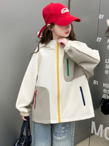 Girls Spring Autumn Hooded Jacket Three-Proof Color Block Anti-Wind And Water-Resistant Fleece Lined Outerwear for Little Girls
