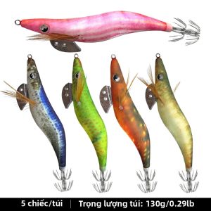 ShareShark | Bộ Mồi Câu Tôm Giả Gỗ Sáng Bóng ShareShark 5 Cái/đóng Gói Mồi Câu Mực Phát Sáng 13cm 20g Móc Câu Hình Bạch Tuộc/sò Ống Dùng Cho Câu Cá Biển Sông.