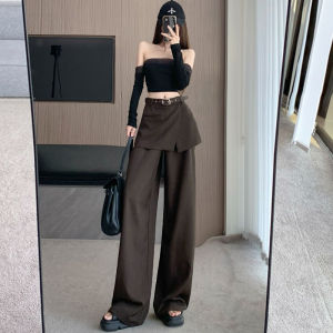 Gray Suit Loose Pants Womens Autumn New Design Sense Fake Two-Piece High-Waisted Trousers Drape Easiest for Match Draggle-Tail Straight Trousers