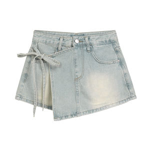 ฤดูร้อน ใหม่ เดนิม กางเกงขาสั้น ผู้หญิง สูง เอว กางเกงขายาว เน็คไท ดีไซน์ Sensation Leg Longening ประสิทธิผล ขนาดใหญ่ ปลอม สองชิ้น