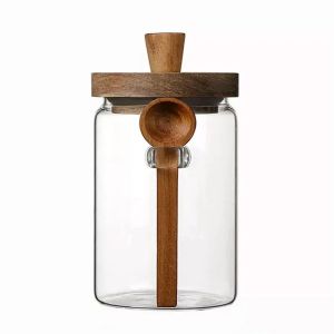 Hũ Đựng Cà Phê Bằng Thủy Tinh Có Thìa Gỗ Hộp Kín Dùng Để Đựng Ngũ Cốc Và Gia Vị Lọ Gia Vị Tròn Chống Ẩm Cho Nhà Bếp