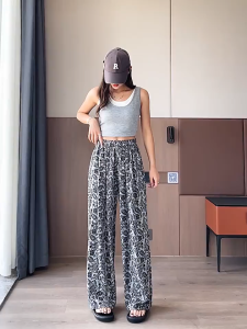 Ginza6 High Waist Loose Fitting Straight Wide Leg Trouser Pants for Women Floral Plus Size 635#