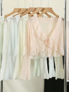 Áo Khoác Cardigan Ren Chống Nắng Dài Tay Mỏng Mùa Hè Cho Nữ Áo Sơ Mi Bên Ngoài Váy Dây Khăn Choàng Nhỏ Viền Hoa